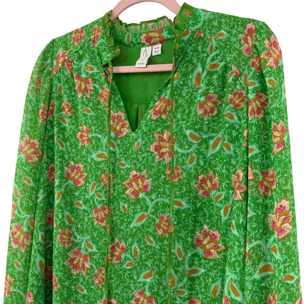 Joie Blouse Womens Medium Green Floral Ruffle Neck Smocked Cuff Chiffon Top Boho